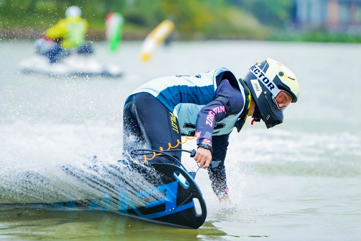 EWave Electric Jetboard E-Surfboard rider carving on the water. Available at E-Boarders.com