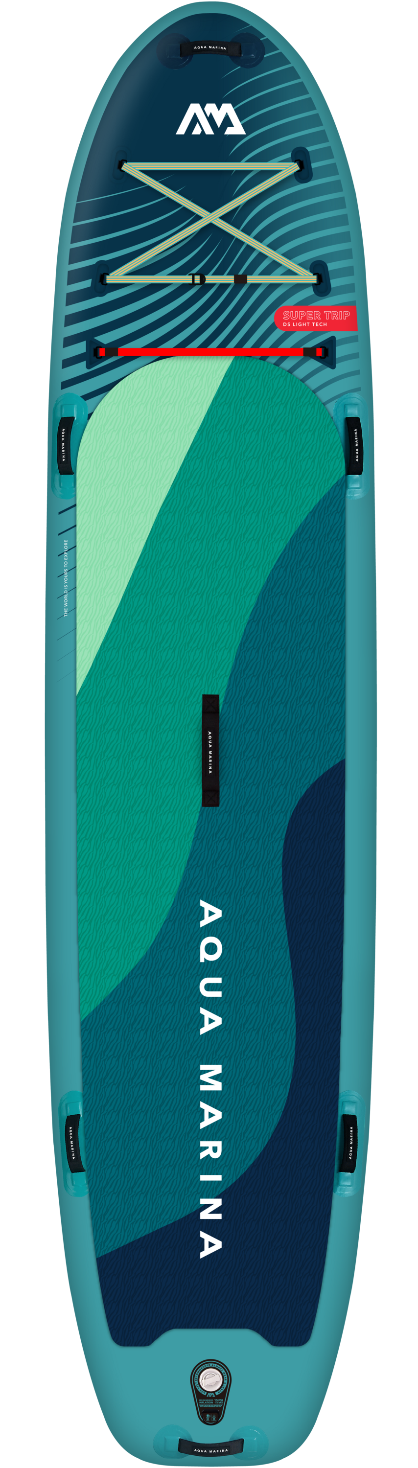 Top view of Aqua Marina SuperTrip model: BT-24ST01 Family iSUP Paddleboard is designed extra-long for multi-paddler use. Free shipping at E-Boaders.com