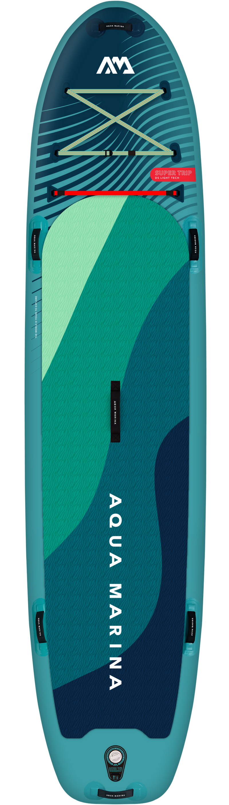 Top view of Aqua Marina SuperTrip model: BT-24ST01 Family iSUP Paddleboard is designed extra-long for multi-paddler use. Free shipping at E-Boaders.com