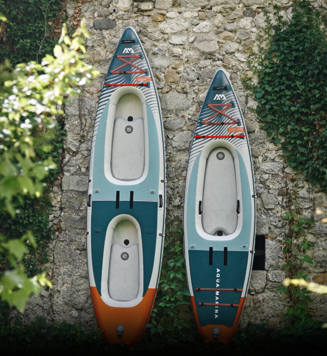 Aqua Marina Cascade BT-24CAP and Cascade Tandem BT-24CATP Hybrid Kayak iSUP Paddleboard options. Switch effortlessly between kayak-paddling or standup-paddling whenever you choose.