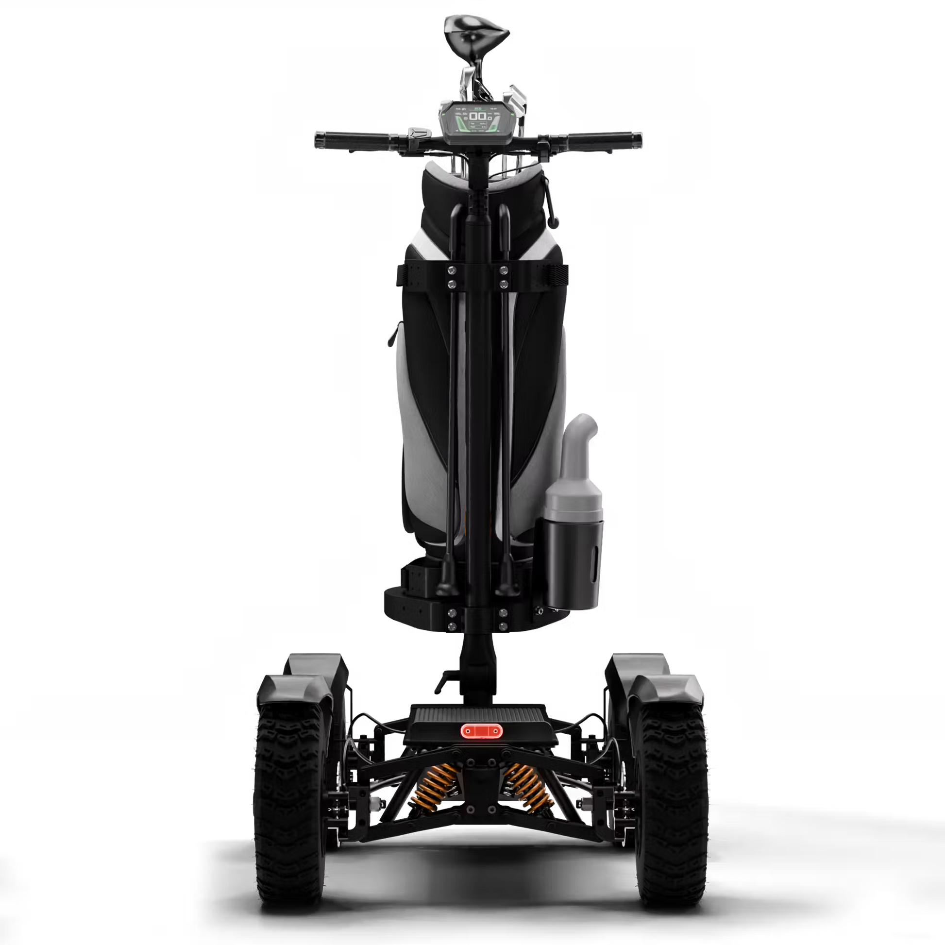 Cycleboard X-Quad 3000 Electric Golf Caddy, 4-wheel stand-up ride, with either 11x4" or 13x4" fairway tires, fenders, golf bag mount, and lean-to-steer technology. Black or Grey. Free shipping at e-boarders.com