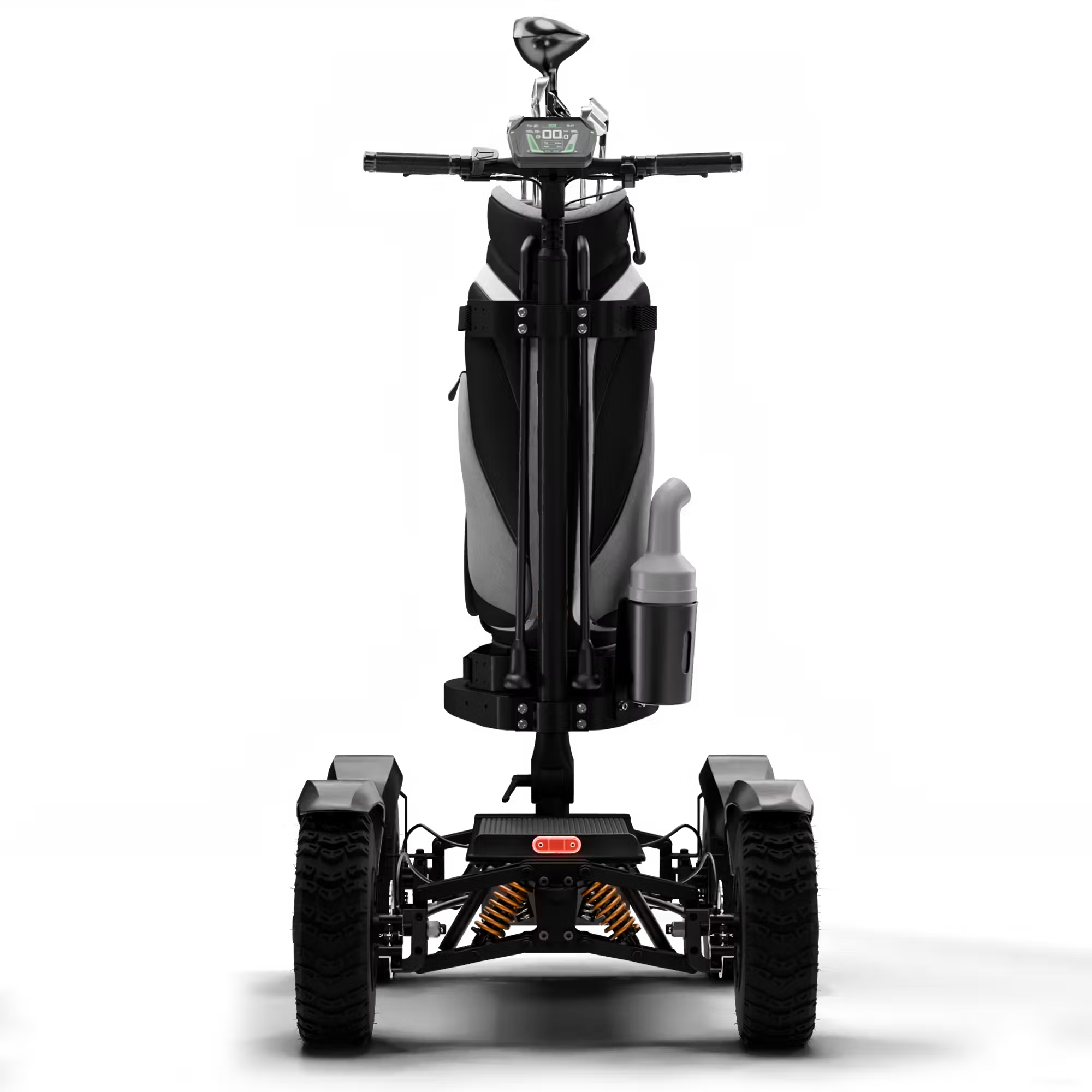 Cycleboard X-Quad 3000 Electric Golf Caddy, 4-wheel stand-up ride, with either 11x4" or 13x4" fairway tires, fenders, golf bag mount, and lean-to-steer technology. Black or Grey. Free shipping at e-boarders.com
