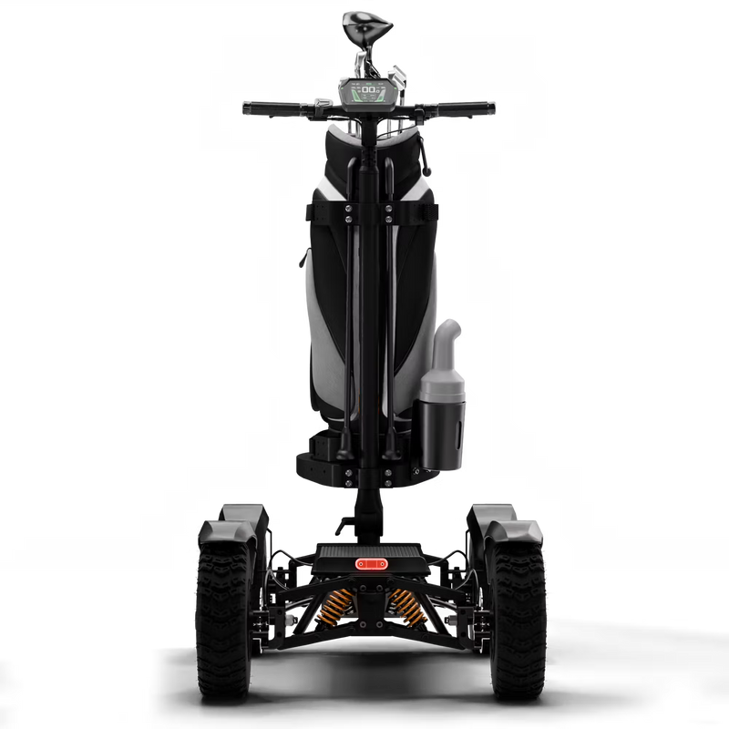 Cycleboard X-Quad 3000 Electric Golf Caddy, 4-wheel stand-up ride, with either 11x4" or 13x4" fairway tires, fenders, golf bag mount, and lean-to-steer technology. Black or Grey. Free shipping at e-boarders.com