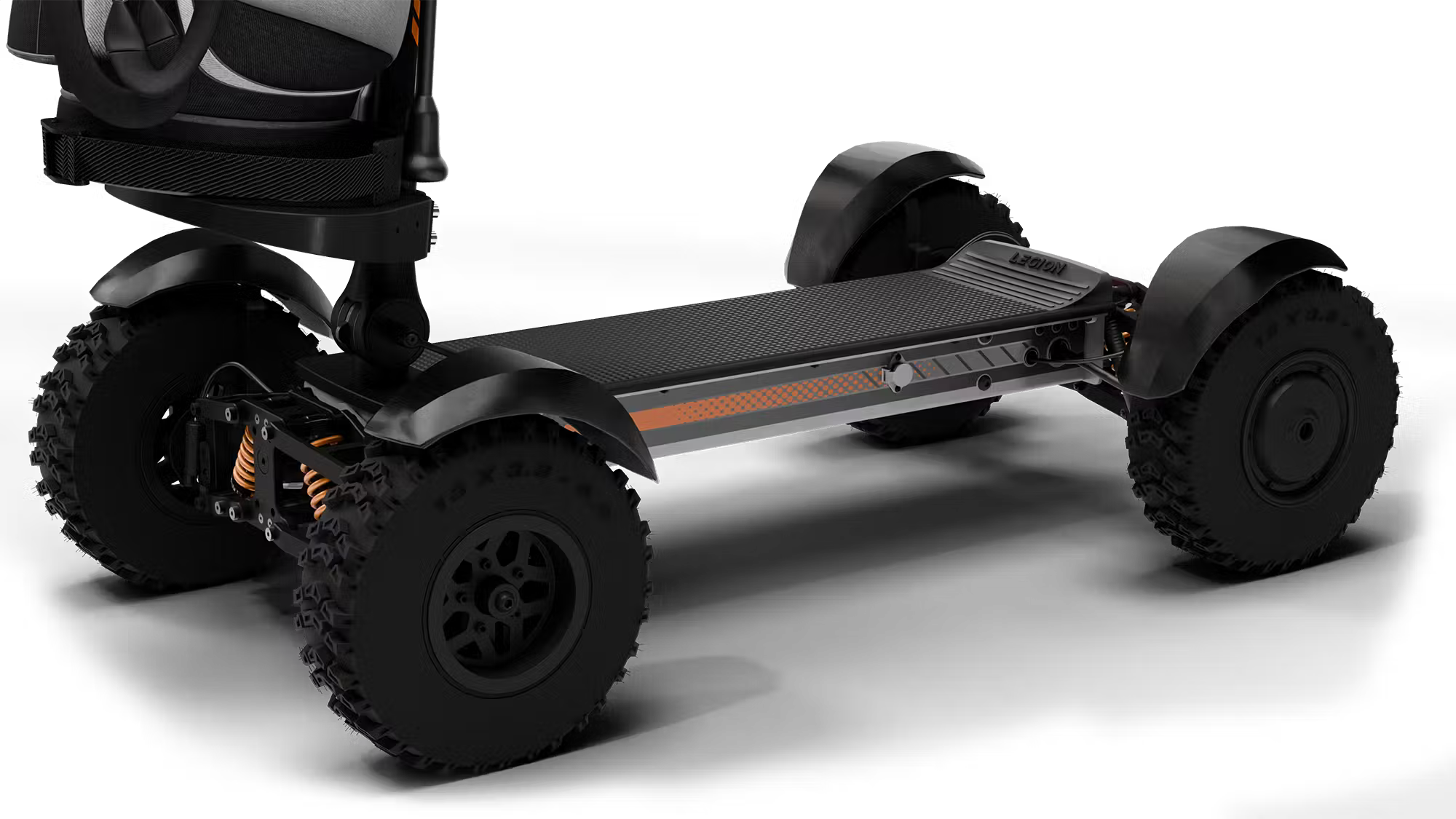 Cycleboard X-Quad 3000 Electric Golf Caddy, 4-wheel stand-up ride, with either 11x4" or 13x4" fairway tires, fenders, golf bag mount, and lean-to-steer technology. Black or Grey. Free shipping at e-boarders.com
