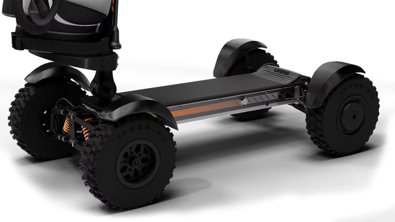 Cycleboard X-Quad 3000 Electric Golf Caddy, 4-wheel stand-up ride, with either 11x4" or 13x4" fairway tires, fenders, golf bag mount, and lean-to-steer technology. Black or Grey. Free shipping at e-boarders.com