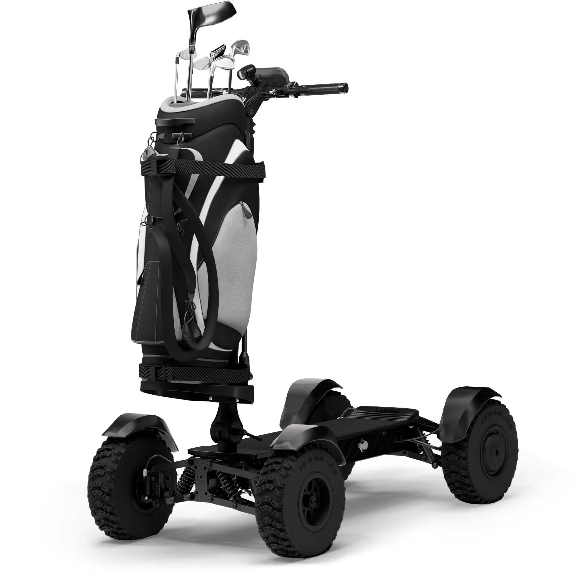 Cycleboard X-Quad 3000 Electric Golf Caddy, 4-wheel stand-up ride, with either 11x4" or 13x4" fairway tires, fenders, golf bag mount, and lean-to-steer technology. Black or Grey. Free shipping at e-boarders.com