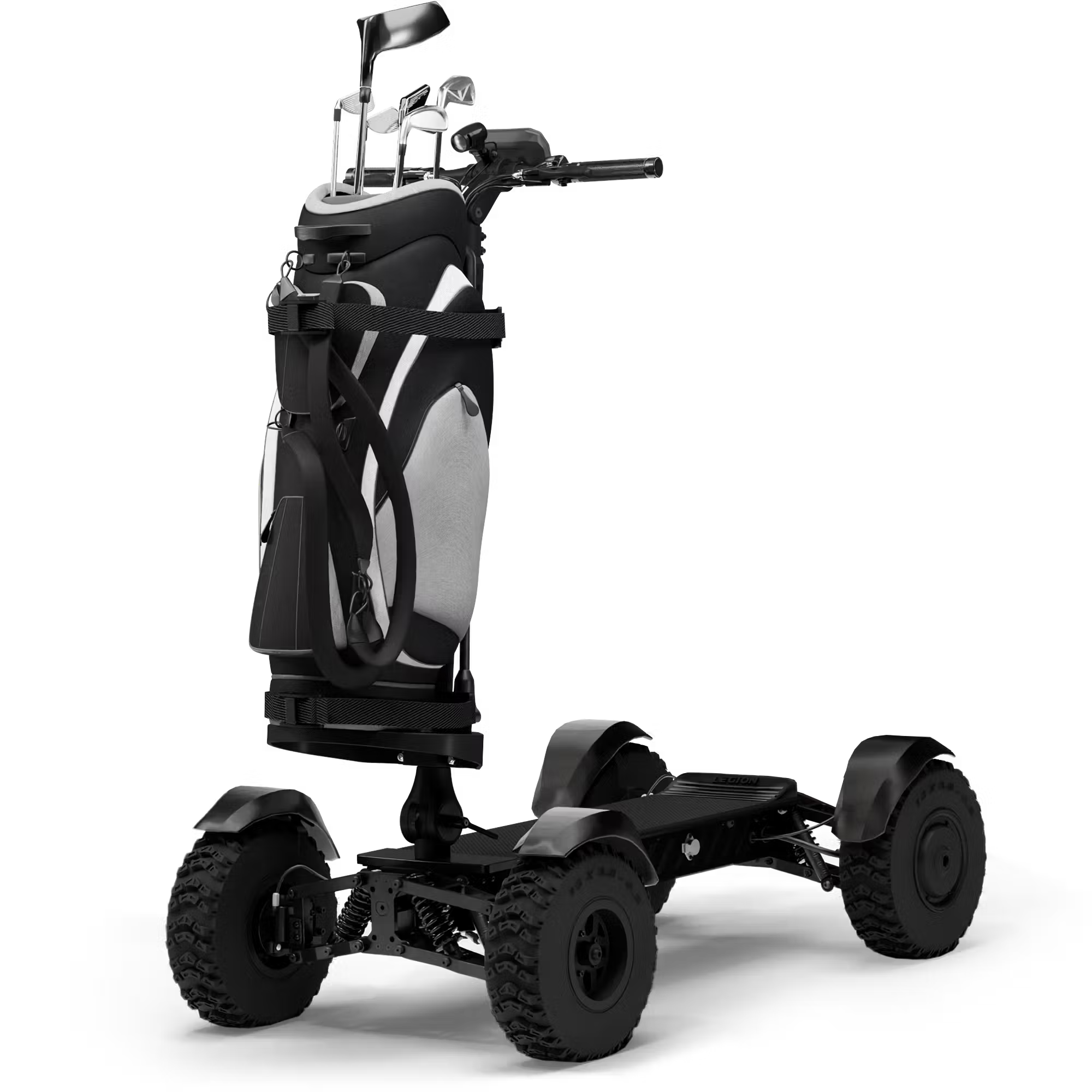 Cycleboard X-Quad 3000 Electric Golf Caddy, 4-wheel stand-up ride, with either 11x4" or 13x4" fairway tires, fenders, golf bag mount, and lean-to-steer technology. Black or Grey. Free shipping at e-boarders.com