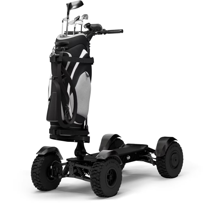 Cycleboard X-Quad 3000 Electric Golf Caddy, 4-wheel stand-up ride, with either 11x4" or 13x4" fairway tires, fenders, golf bag mount, and lean-to-steer technology. Black or Grey. Free shipping at e-boarders.com