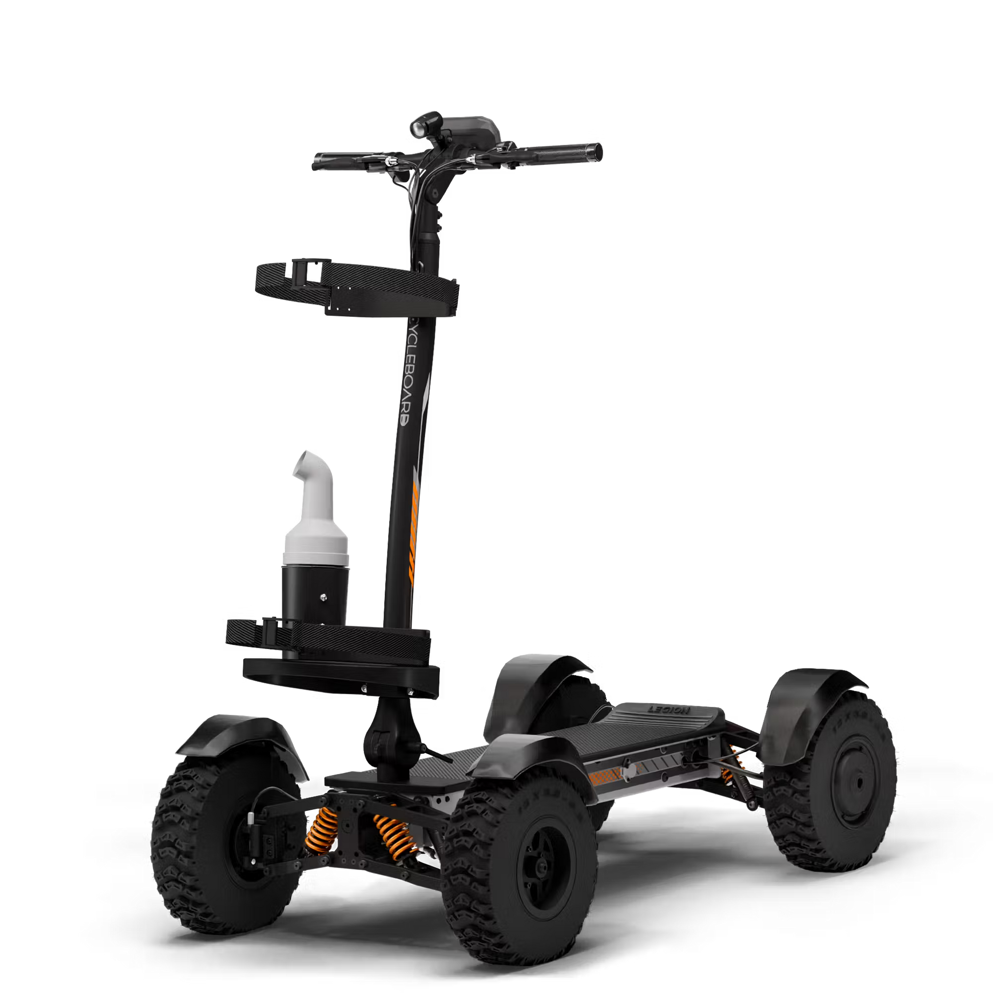 Cycleboard X-Quad 3000 Electric Golf Caddy, 4-wheel stand-up ride, with either 11x4" or 13x4" fairway tires, fenders, golf bag mount, and lean-to-steer technology. Black or Grey. Free shipping at e-boarders.com