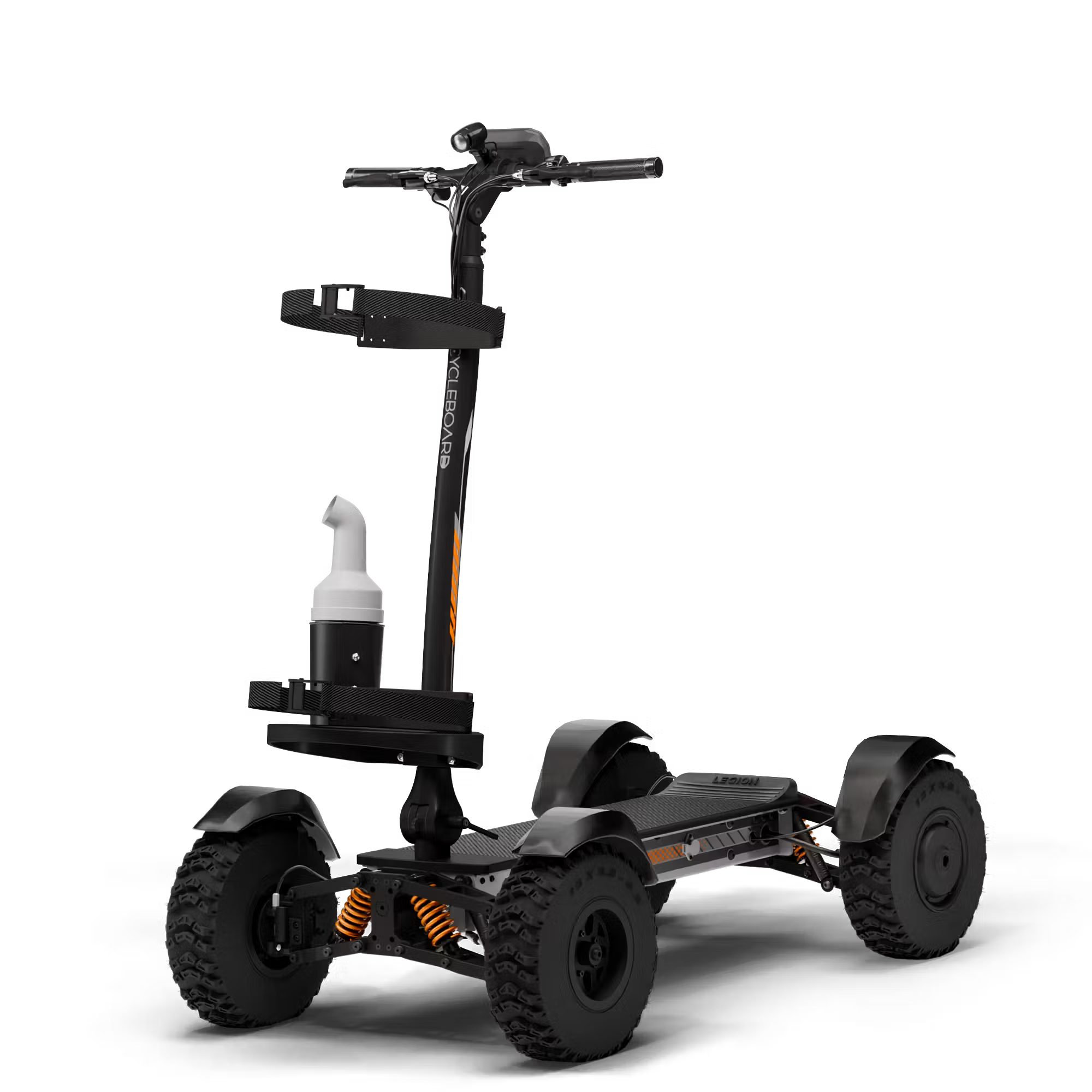 Cycleboard X-Quad 3000 Electric Golf Caddy, 4-wheel stand-up ride, with either 11x4" or 13x4" fairway tires, fenders, golf bag mount, and lean-to-steer technology. Black or Grey. Free shipping at e-boarders.com