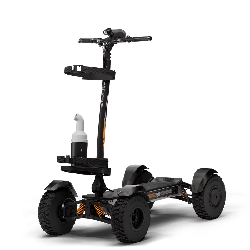 Cycleboard X-Quad 3000 Electric Golf Caddy, 4-wheel stand-up ride, with either 11x4" or 13x4" fairway tires, fenders, golf bag mount, and lean-to-steer technology. Black or Grey. Free shipping at e-boarders.com