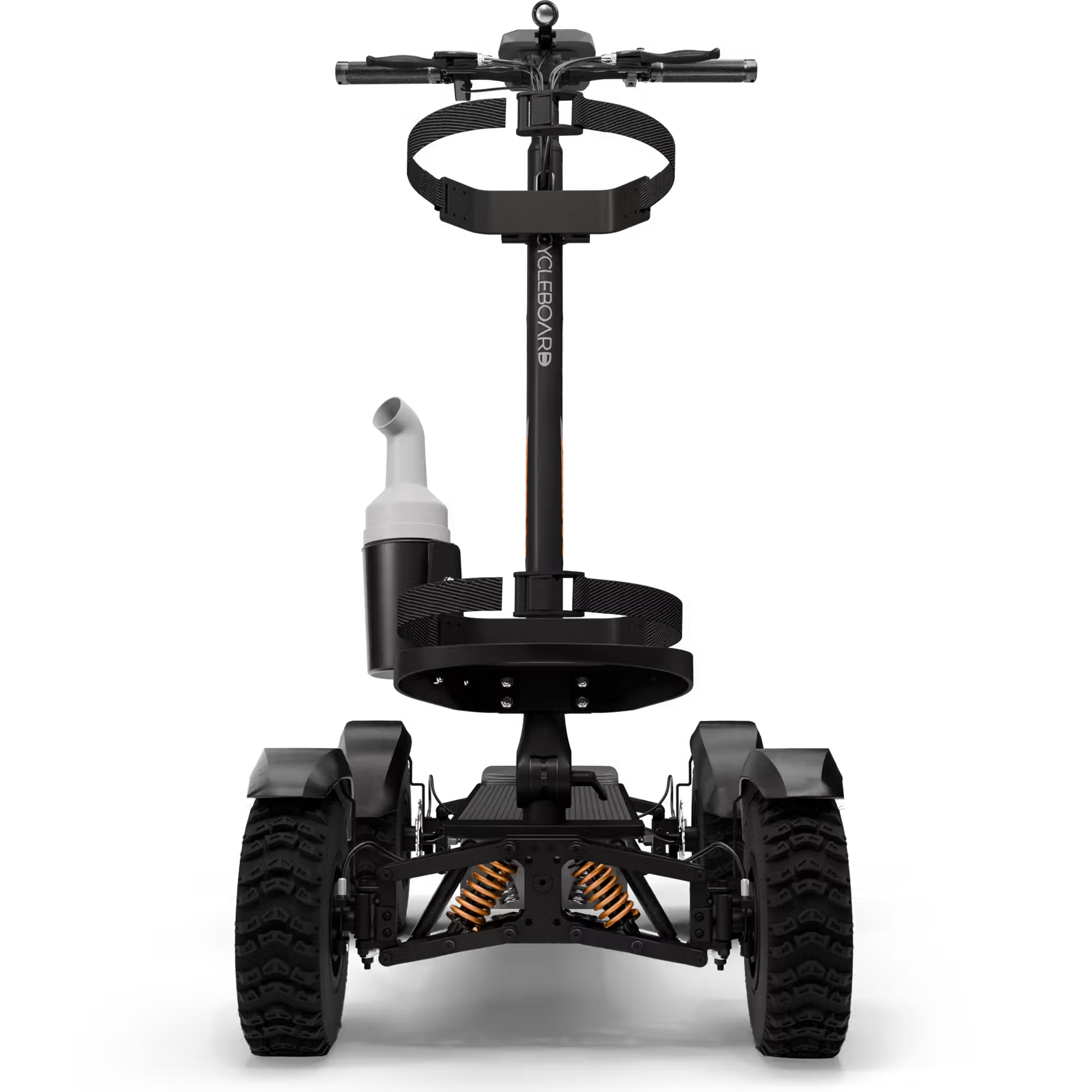 Cycleboard X-Quad 3000 Electric Golf Caddy, 4-wheel stand-up ride, with either 11x4" or 13x4" fairway tires, fenders, golf bag mount, and lean-to-steer technology. Black or Grey. Free shipping at e-boarders.com