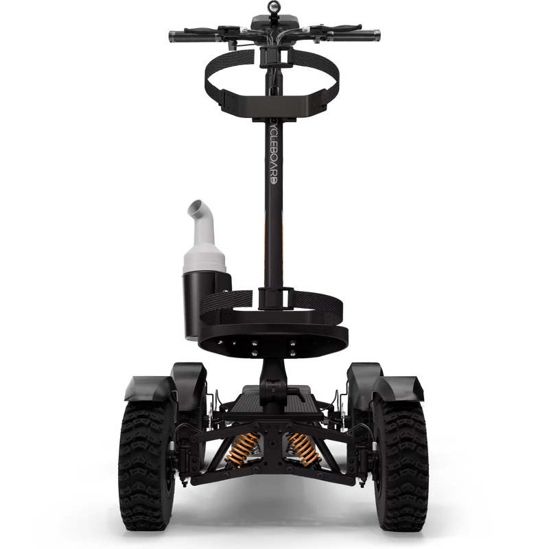 Cycleboard X-Quad 3000 Electric Golf Caddy, 4-wheel stand-up ride, with either 11x4" or 13x4" fairway tires, fenders, golf bag mount, and lean-to-steer technology. Black or Grey. Free shipping at e-boarders.com