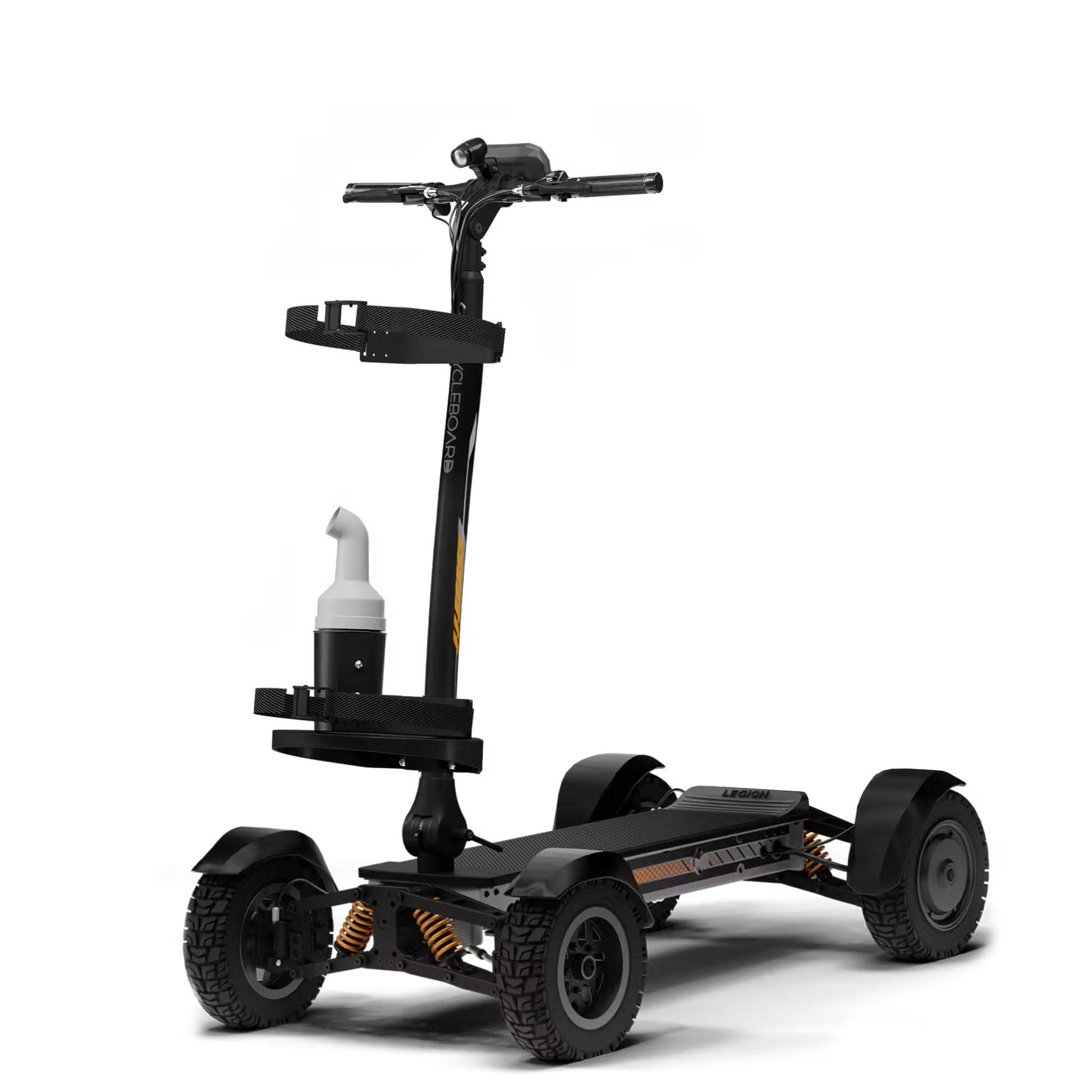 Cycleboard X-Quad 3000 Electric Golf Caddy, 4-wheel stand-up ride, with either 11x4" or 13x4" fairway tires, fenders, golf bag mount, and lean-to-steer technology. Black or Grey. Free shipping at e-boarders.com