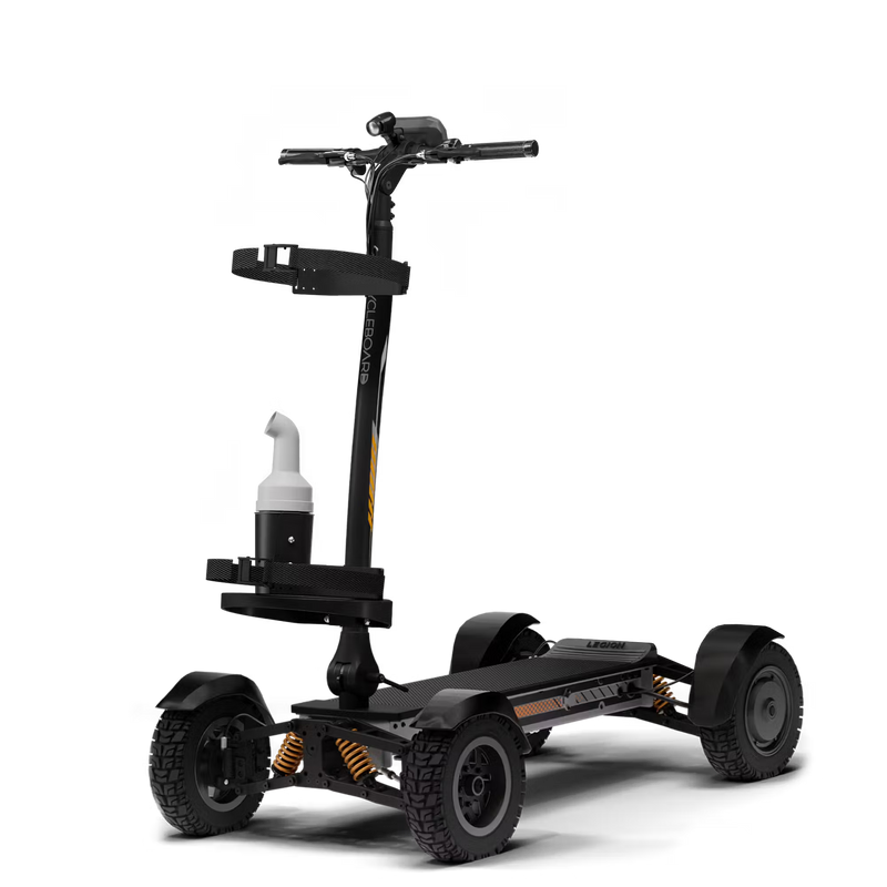 Cycleboard X-Quad 3000 Electric Golf Caddy, 4-wheel stand-up ride, with either 11x4" or 13x4" fairway tires, fenders, golf bag mount, and lean-to-steer technology. Black or Grey. Free shipping at e-boarders.com