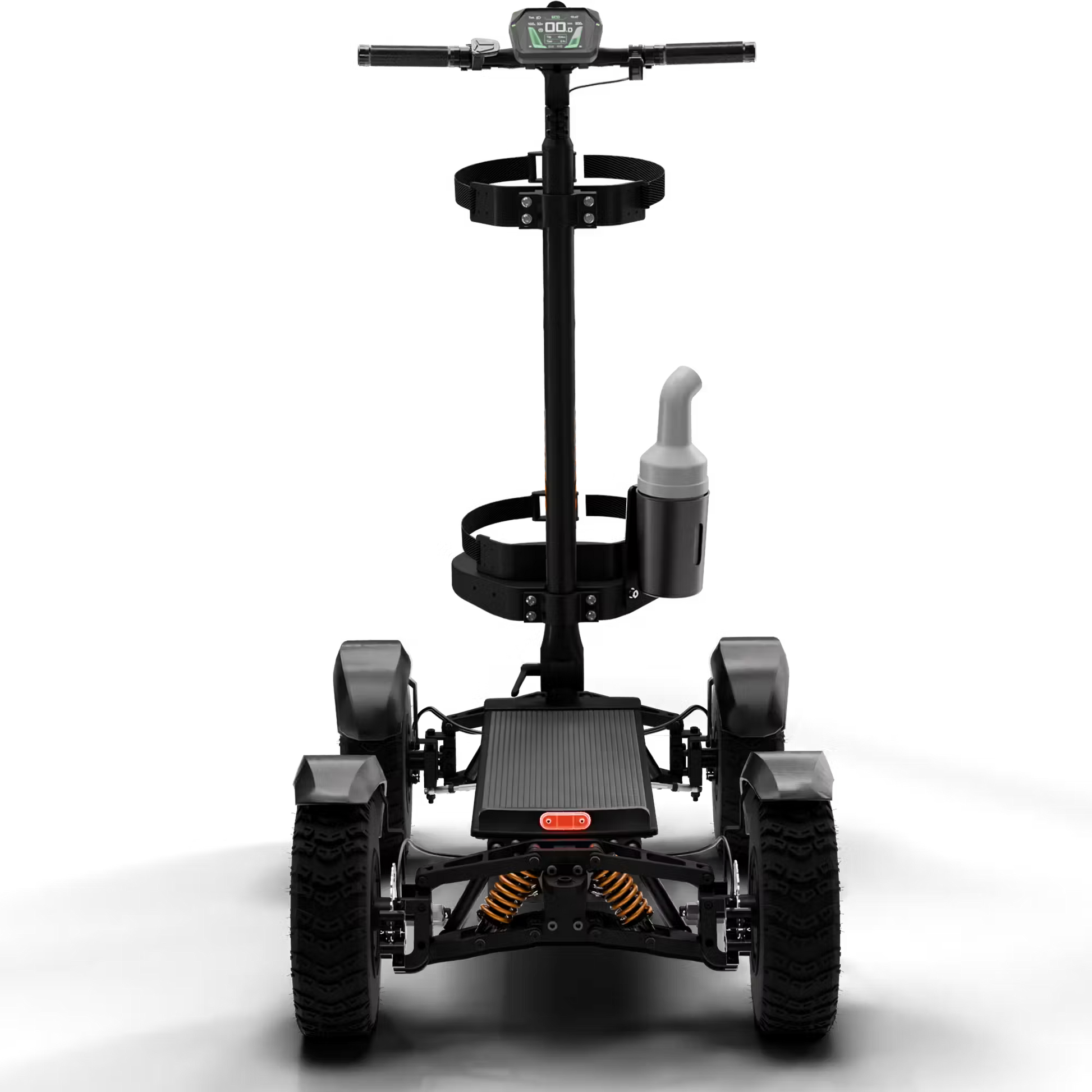 Cycleboard X-Quad 3000 Electric Golf Caddy, 4-wheel stand-up ride, with either 11x4" or 13x4" fairway tires, fenders, golf bag mount, and lean-to-steer technology. Black or Grey. Free shipping at e-boarders.com
