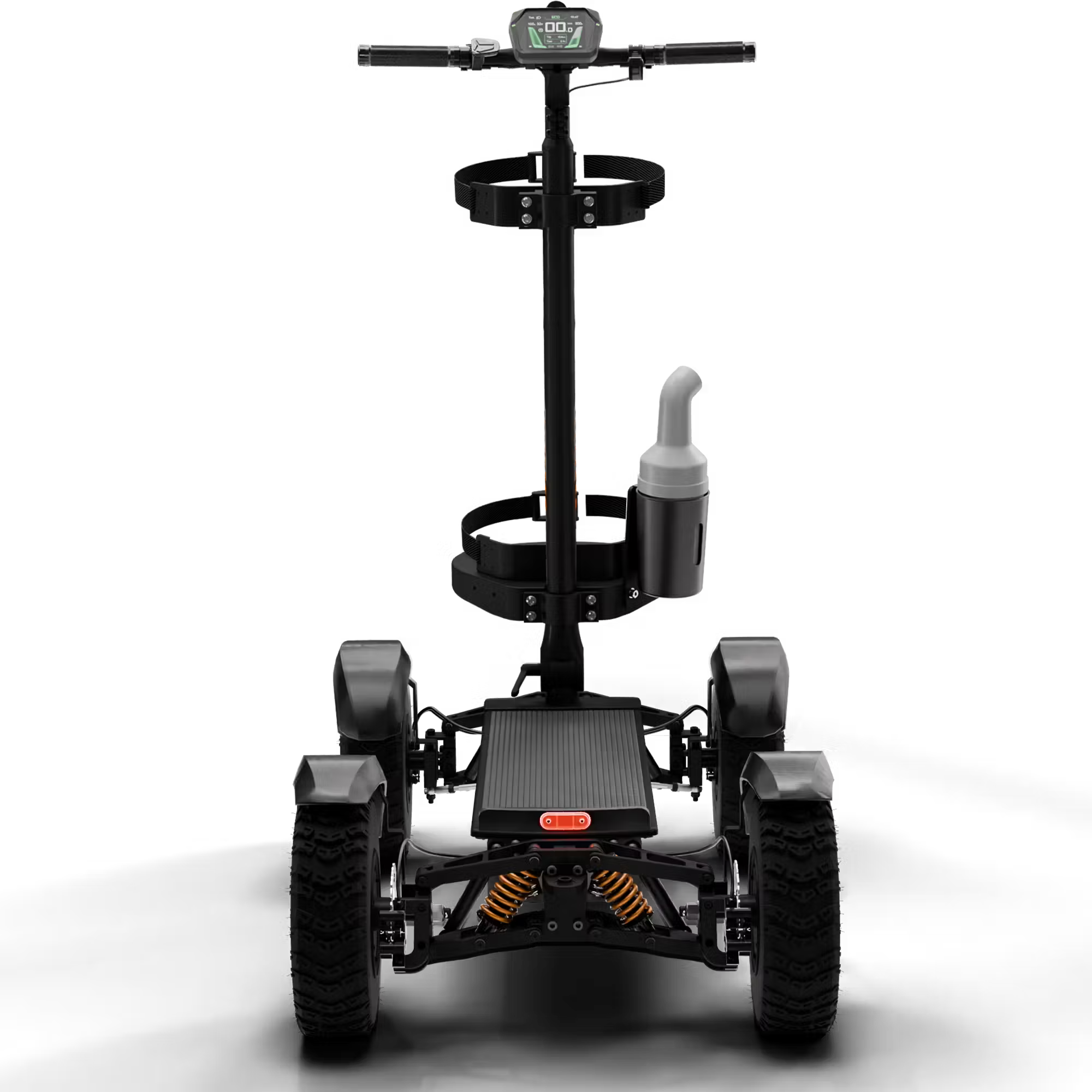 Cycleboard X-Quad 3000 Electric Golf Caddy, 4-wheel stand-up ride, with either 11x4" or 13x4" fairway tires, fenders, golf bag mount, and lean-to-steer technology. Black or Grey. Free shipping at e-boarders.com