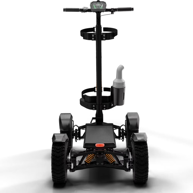 Cycleboard X-Quad 3000 Electric Golf Caddy, 4-wheel stand-up ride, with either 11x4" or 13x4" fairway tires, fenders, golf bag mount, and lean-to-steer technology. Black or Grey. Free shipping at e-boarders.com
