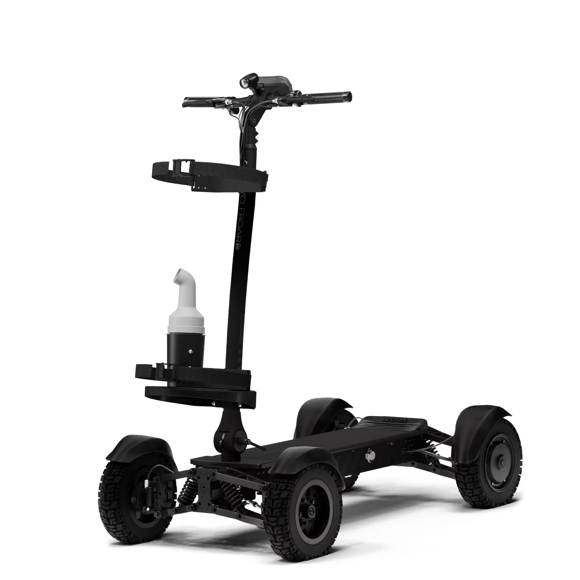 Cycleboard X-Quad 3000 Electric Golf Caddy, 4-wheel stand-up ride, with either 11x4" or 13x4" fairway tires, fenders, golf bag mount, and lean-to-steer technology. Black or Grey. Free shipping at e-boarders.com