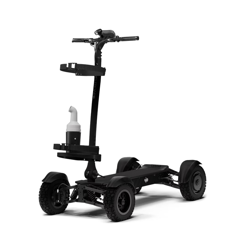 Cycleboard X-Quad 3000 Electric Golf Caddy, 4-wheel stand-up ride, with either 11x4" or 13x4" fairway tires, fenders, golf bag mount, and lean-to-steer technology. Black or Grey. Free shipping at e-boarders.com