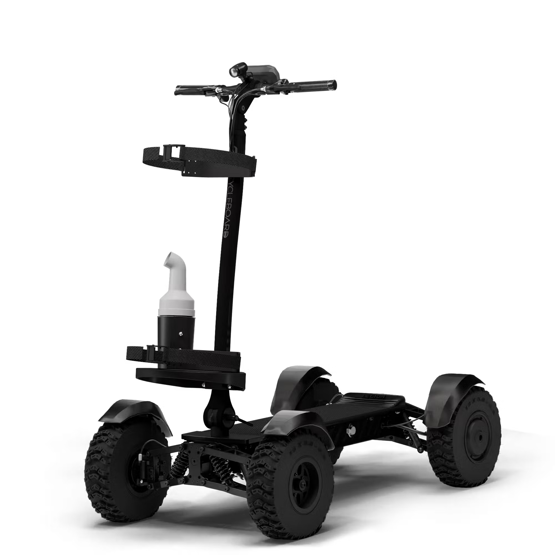 Cycleboard X-Quad 3000 Electric Golf Caddy, 4-wheel stand-up ride, with either 11x4" or 13x4" fairway tires, fenders, golf bag mount, and lean-to-steer technology. Black or Grey. Free shipping at e-boarders.com