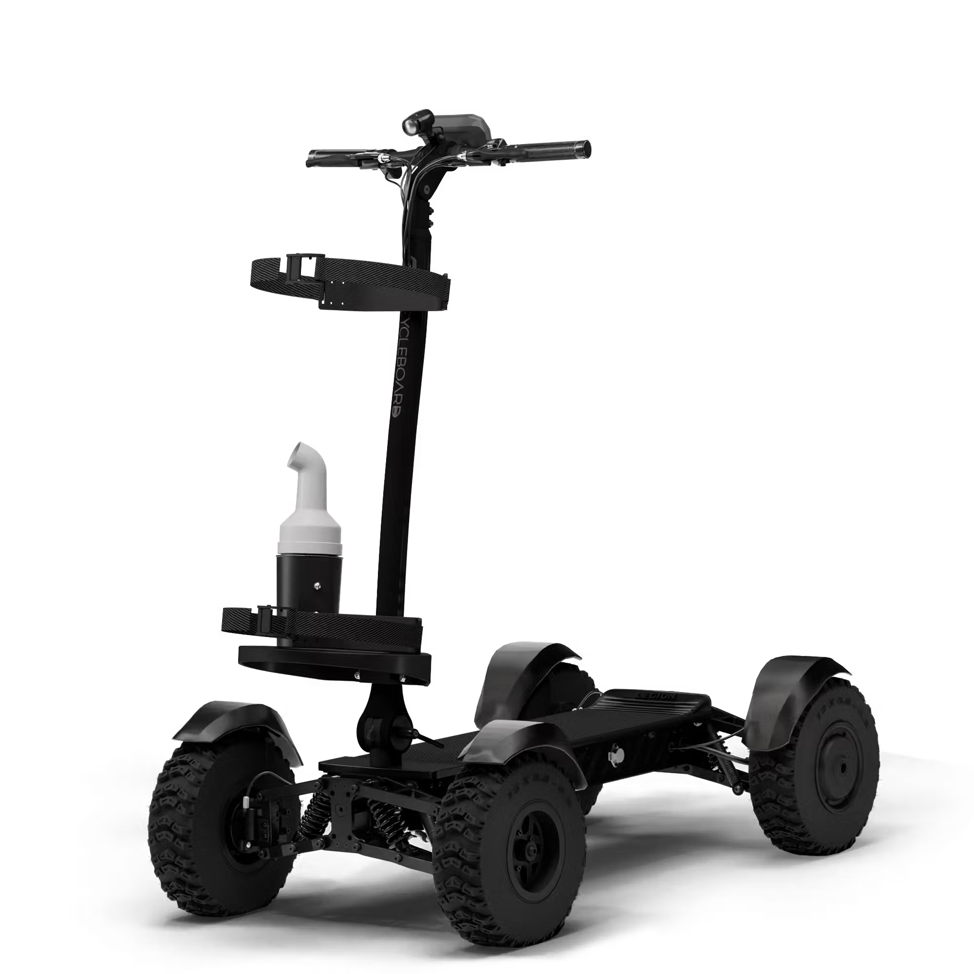 Cycleboard X-Quad 3000 Electric Golf Caddy, 4-wheel stand-up ride, with either 11x4" or 13x4" fairway tires, fenders, golf bag mount, and lean-to-steer technology. Black or Grey. Free shipping at e-boarders.com