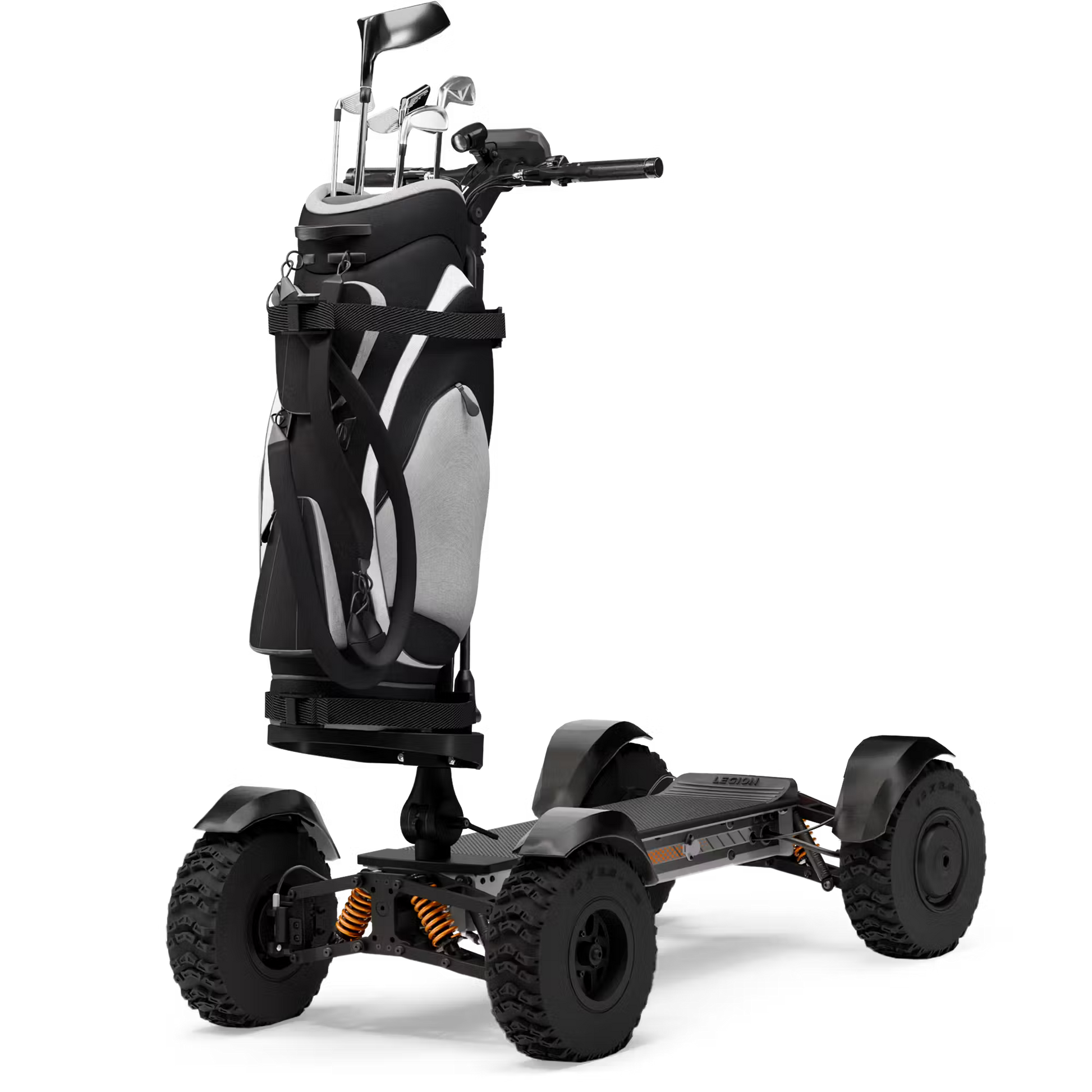 CycleBoard X-Quad 3000 recreational 4-wheel electric ride with 13x4 fat tires, golf bag mount, lean-to-steer frame, fenders, and grey/orange finish. Free shipping from e-boarders.com