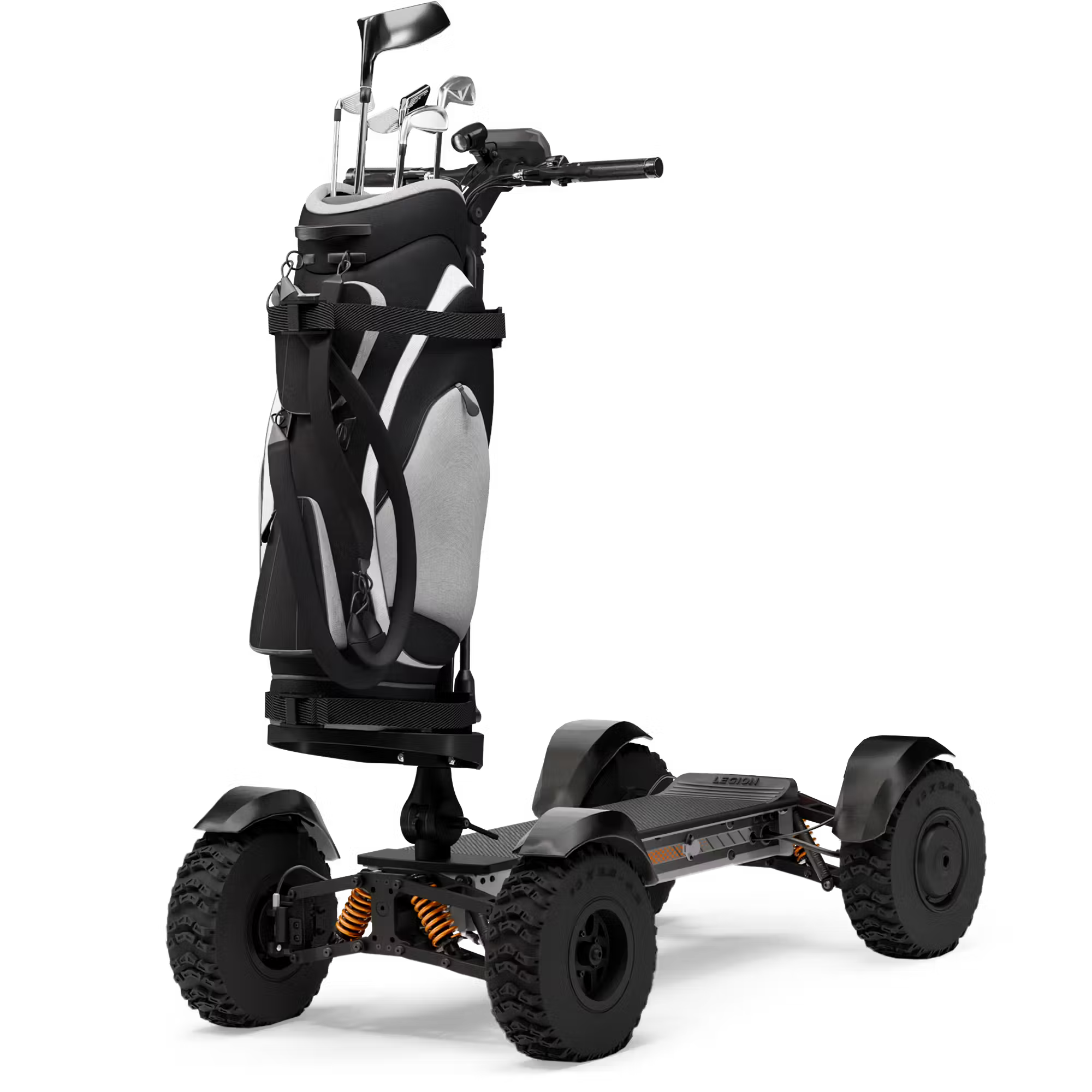 CycleBoard X-Quad 3000 recreational 4-wheel electric ride with 13x4 fat tires, golf bag mount, lean-to-steer frame, fenders, and grey/orange finish. Free shipping from e-boarders.com