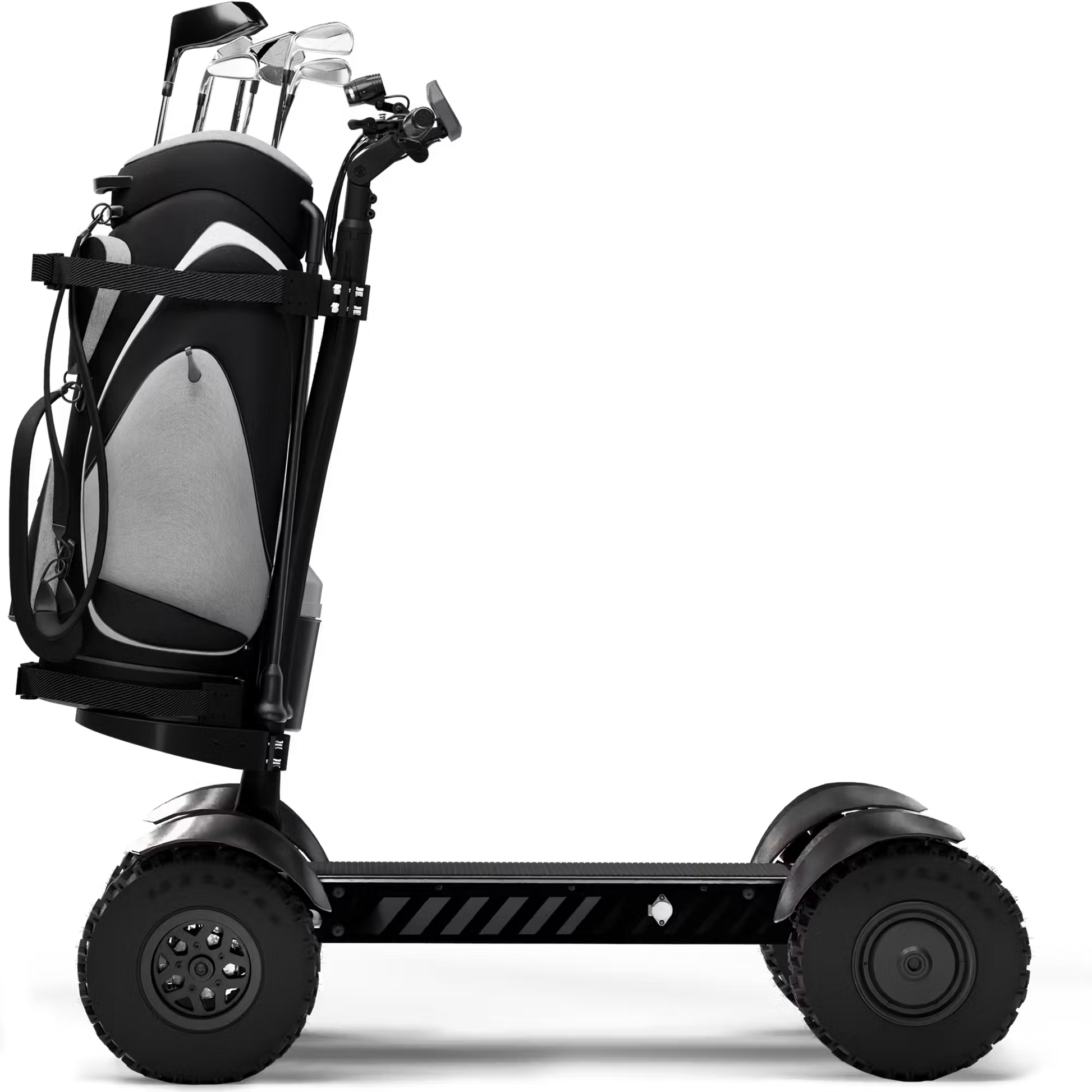 Cycleboard X-Quad 3000 Electric Golf Caddy, 4-wheel stand-up ride, with either 11x4" or 13x4" fairway tires, fenders, golf bag mount, and lean-to-steer technology. Black or Grey. Free shipping at e-boarders.com