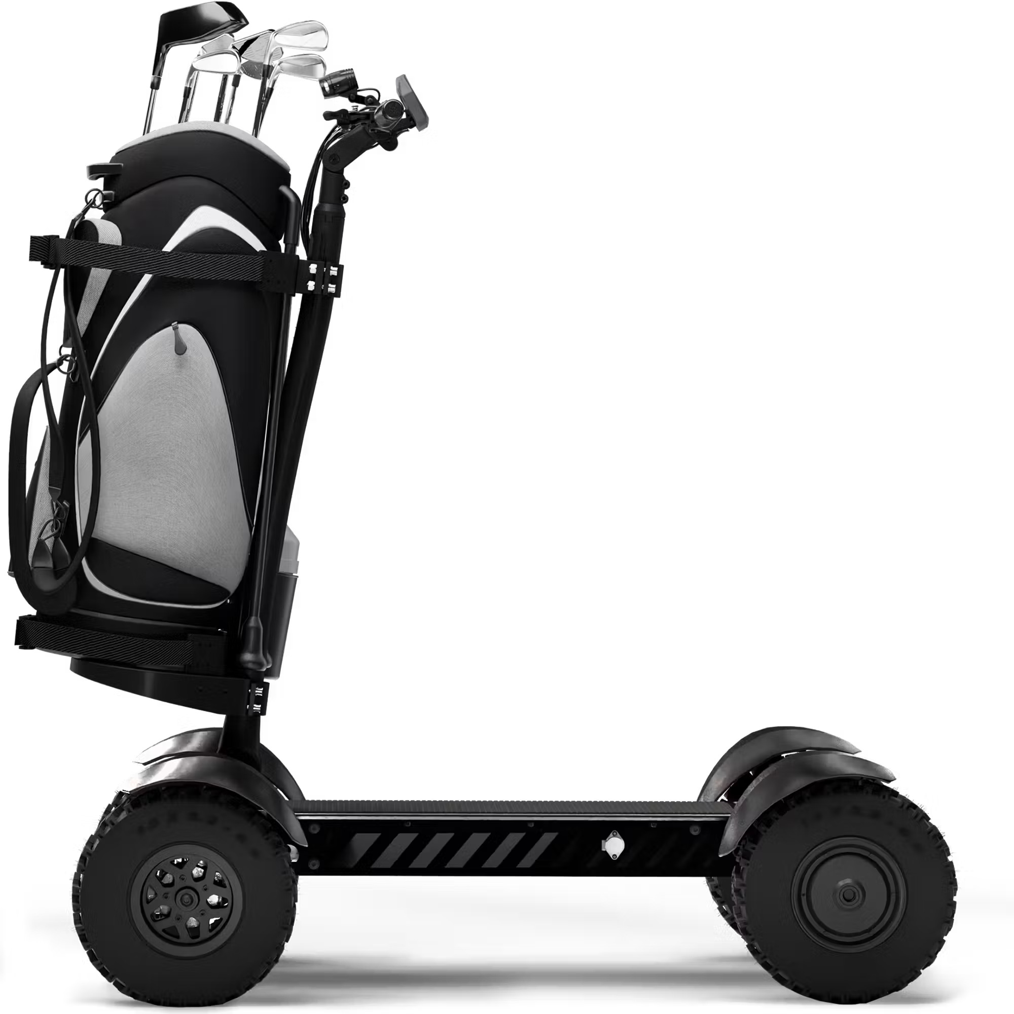 Cycleboard X-Quad 3000 Electric Golf Caddy, 4-wheel stand-up ride, with either 11x4" or 13x4" fairway tires, fenders, golf bag mount, and lean-to-steer technology. Black or Grey. Free shipping at e-boarders.com