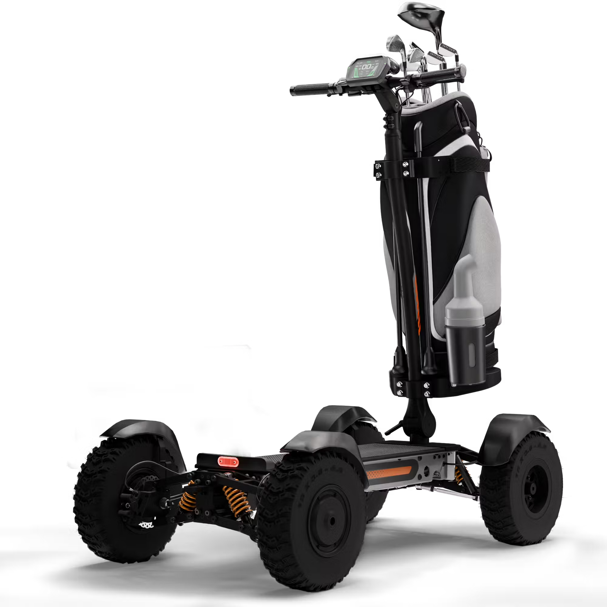Cycleboard X-Quad 3000 Electric Golf Caddy, 4-wheel stand-up ride, with either 11x4" or 13x4" fairway tires, fenders, golf bag mount, and lean-to-steer technology. Black or Grey. Free shipping at e-boarders.com