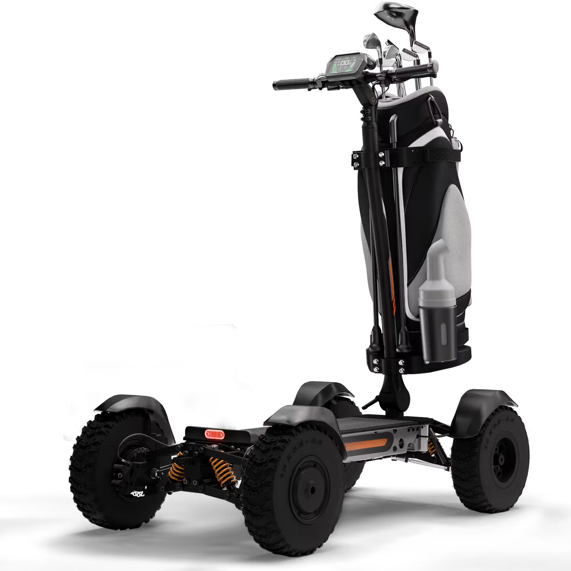Cycleboard X-Quad 3000 Electric Golf Caddy, 4-wheel stand-up ride, with either 11x4" or 13x4" fairway tires, fenders, golf bag mount, and lean-to-steer technology. Black or Grey. Free shipping at e-boarders.com