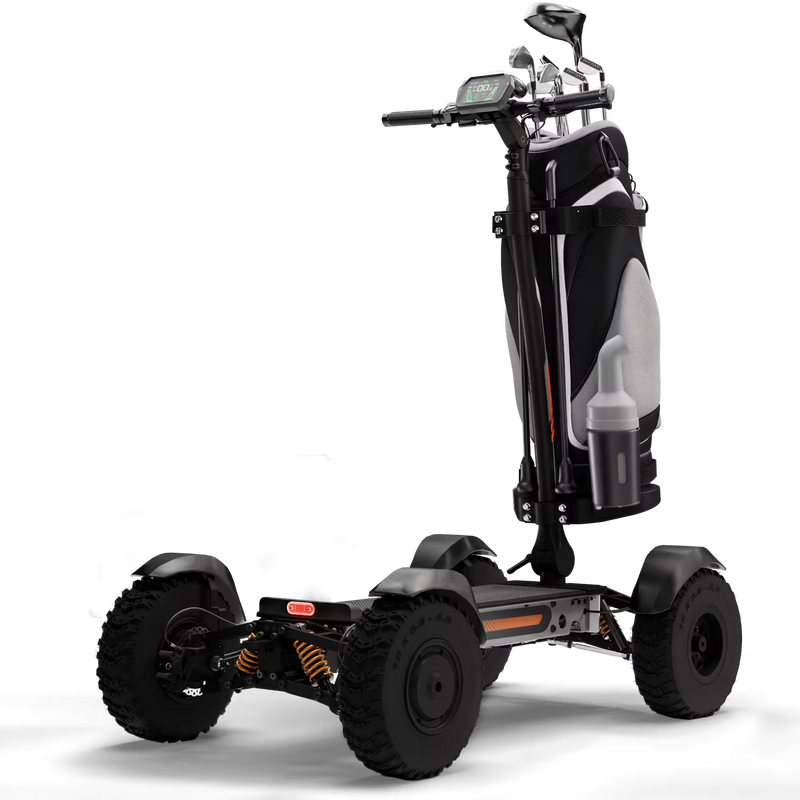 Cycleboard X-Quad 3000 Electric Golf Caddy, 4-wheel stand-up ride, with either 11x4" or 13x4" fairway tires, fenders, golf bag mount, and lean-to-steer technology. Black or Grey. Free shipping at e-boarders.com