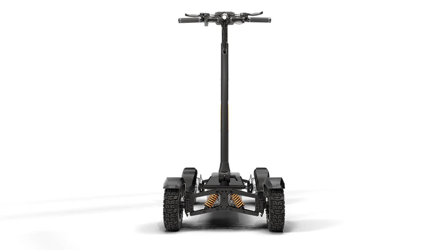 Front view of CycleBoard X-Quad 3000 4-wheel electric trail ride in black with 13x4” fairway tires. Ships free from e-boarders.com