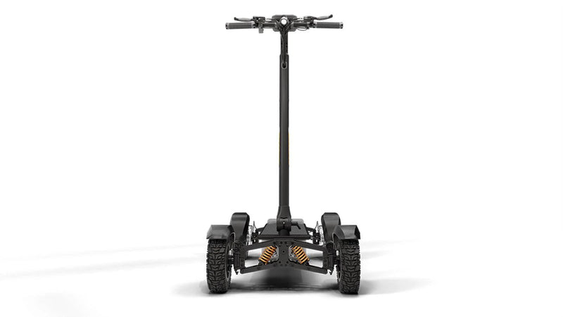 Front view of CycleBoard X-Quad 3000 4-wheel electric trail ride in black with 13x4” fairway tires. Ships free from e-boarders.com