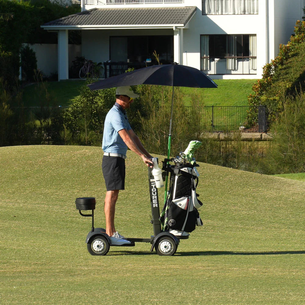 GSC Tourer X by Golf Skate Caddy, 4-wheel electric golf caddy ride with golf bag mount and lean to steer technology. Free shipping at e-boarders.com