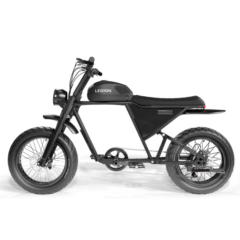 Legion Elelctric SCR-1200 Cafe Racer Electric Bicycle with pedal-assist, fat tires, suspension, black. Free shipping at e-boarders.com