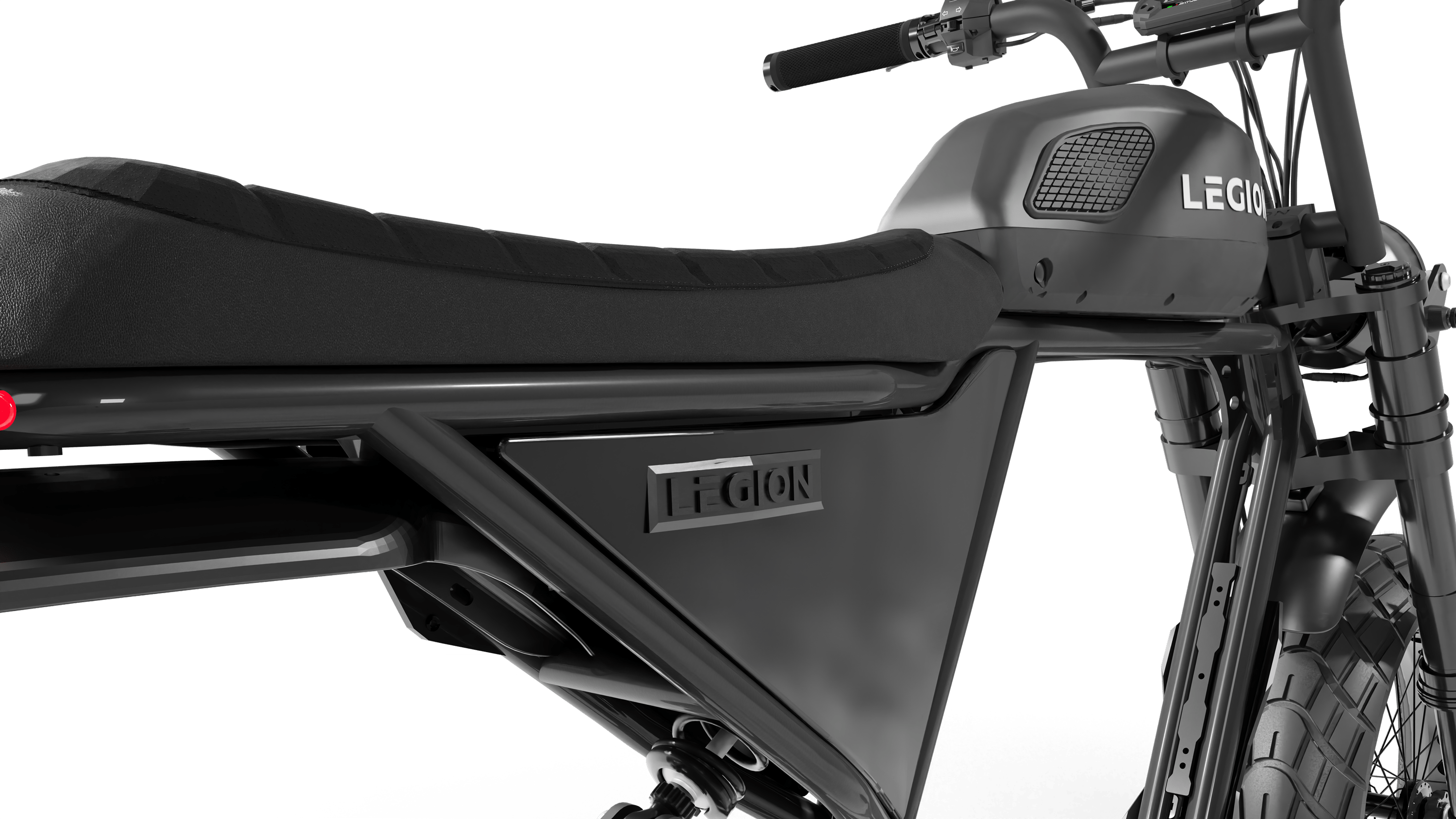 Legion Elelctric SCR-1200 Cafe Racer Electric Bicycle with pedal-assist, fat tires, suspension, black. Free shipping at e-boarders.com