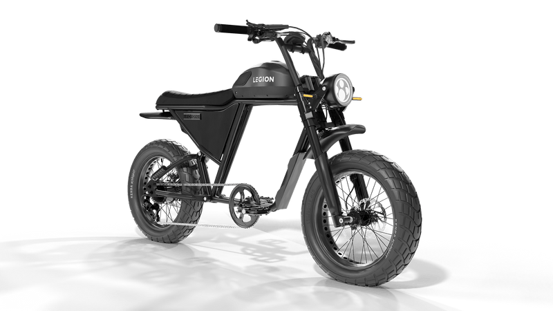 Legion Elelctric SCR-1200 Cafe Racer Electric Bicycle with pedal-assist, fat tires, suspension, black. Free shipping at e-boarders.com