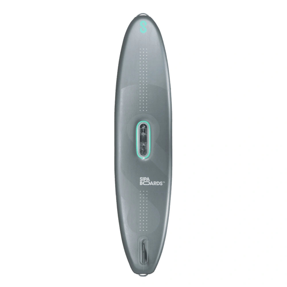Bottom view of SIPA Silver Line NEO inflatable paddleboard with electric assist for solo riders. Lightweight and compact. Free shipping at e-Boarders.com