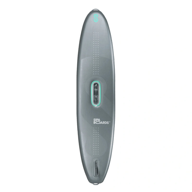 Bottom view of SIPA Silver Line NEO inflatable paddleboard with electric assist for solo riders. Lightweight and compact. Free shipping at e-Boarders.com
