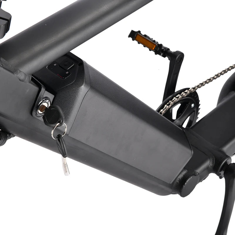 Battery and locking mechanism for SoverSky Titan 01 20inch Fat Tire Lithium peda-assisted electric Bicycle 30 MPH, 45 mile pedal-assist battery range with Sidecar add-on option for S Free shipping at e-Boarders.com