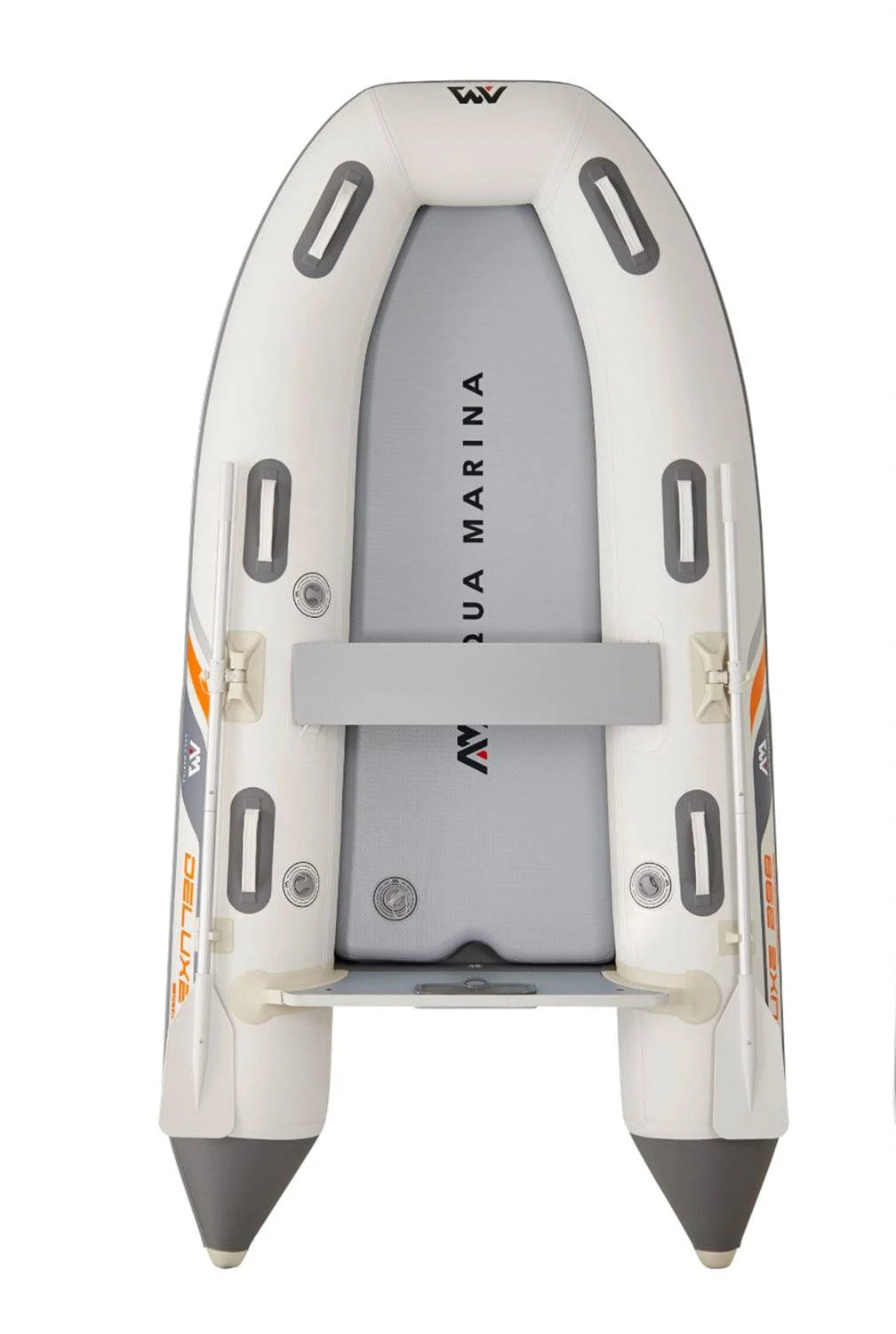 Top view of Aqua Marina inflatable raft with paddle setup and flat floor on a calm lake. Free shipping at e-boarders.com