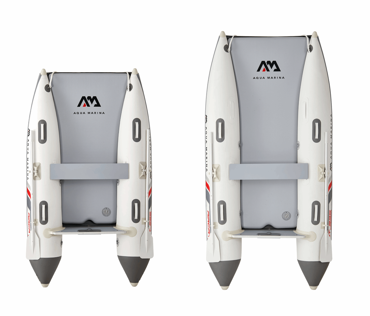 Top view of Aqua Marina AIRCAT 9'4 and 11'0 inflatable rafts with paddle setup and flat floors for river rafting and calm water fishing. Free shipping at e-boarders.com