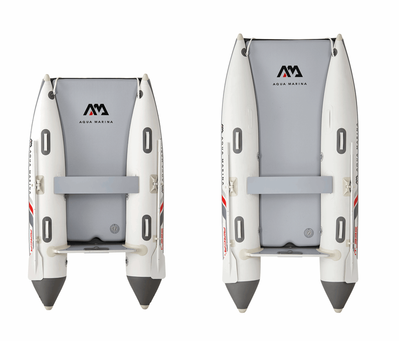 Top view of Aqua Marina AIRCAT 9'4 and 11'0 inflatable rafts with paddle setup and flat floors for river rafting and calm water fishing. Free shipping at e-boarders.com