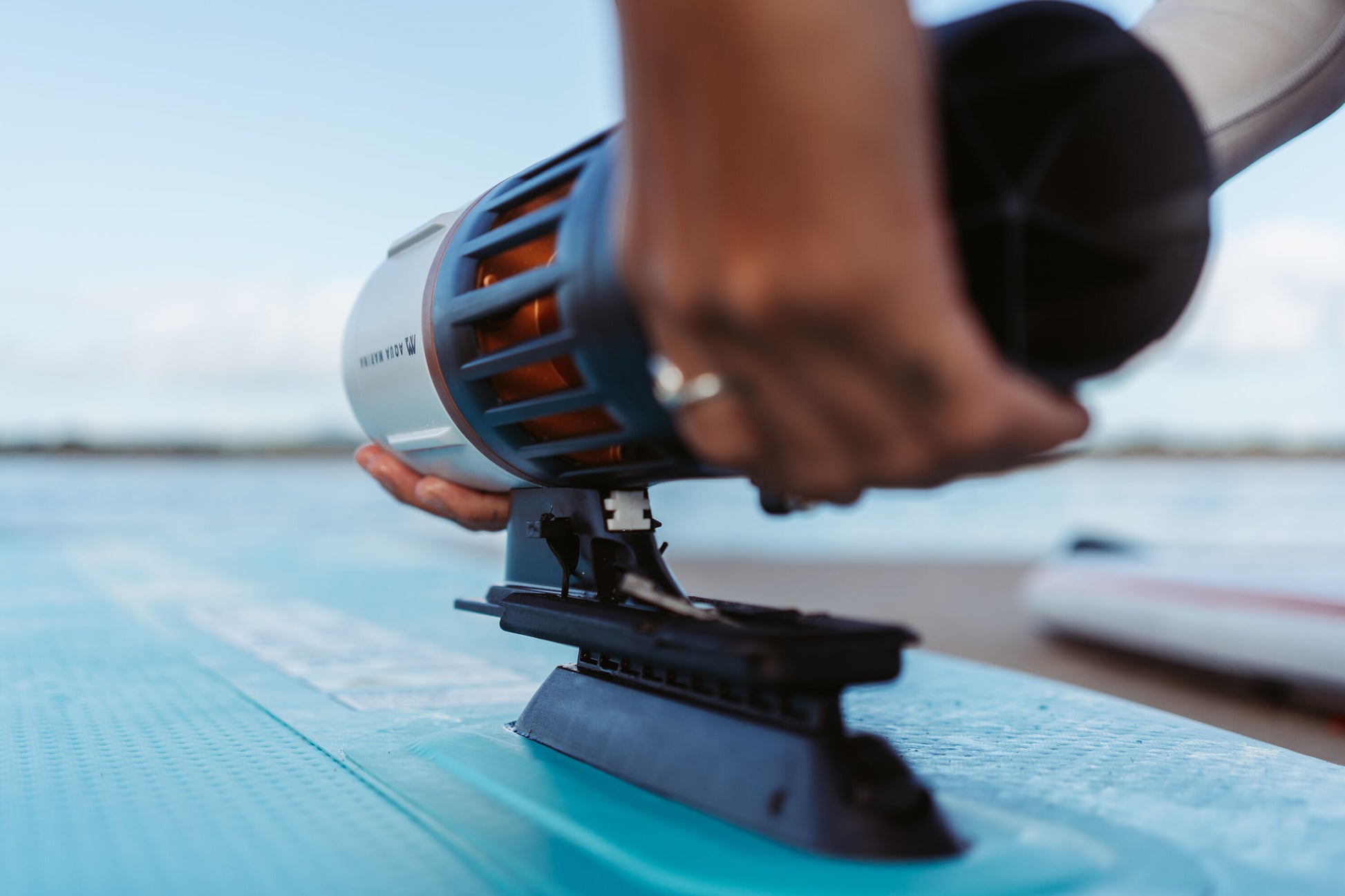 Aqua Marina BLUEDRIVE X Pro electric-assist fin system mounts to any paddleboard middle fin adaptor. Free shipping at e-boarders.com