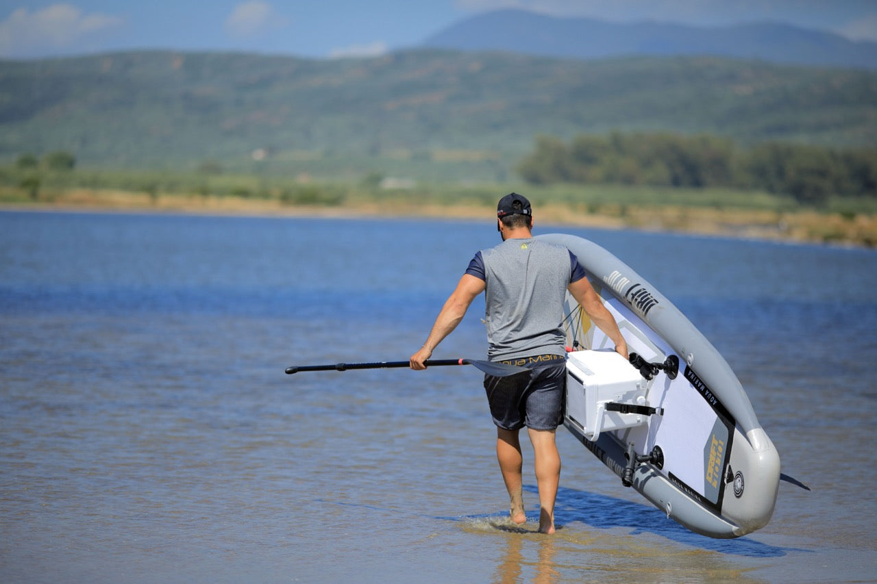 Lifestyle photo Aqua Marina Drift iSUP with rod holder — ships free at e-boarders.com