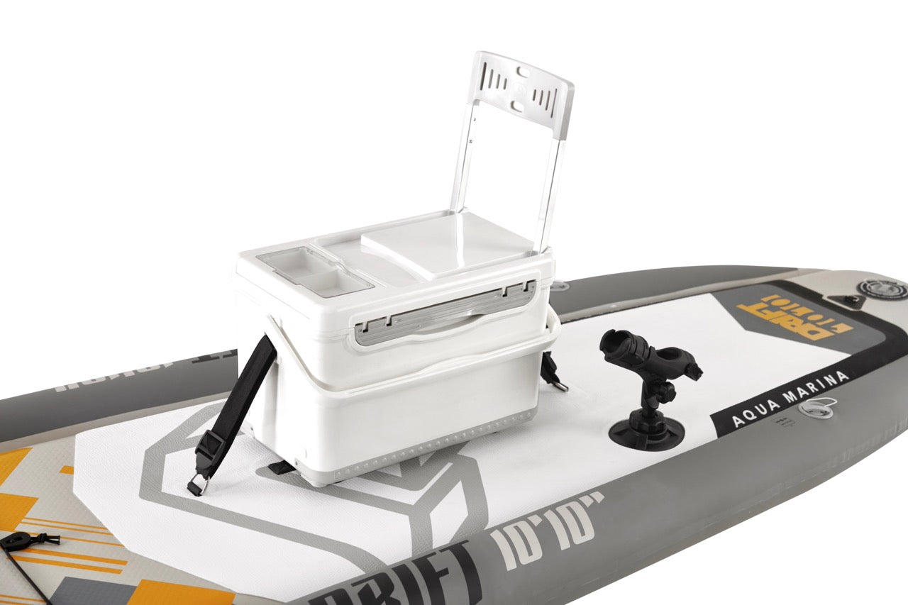Product photo cooler attached to Aqua Marina Drift iSUP with rod holder — ships free at e-boarders.com