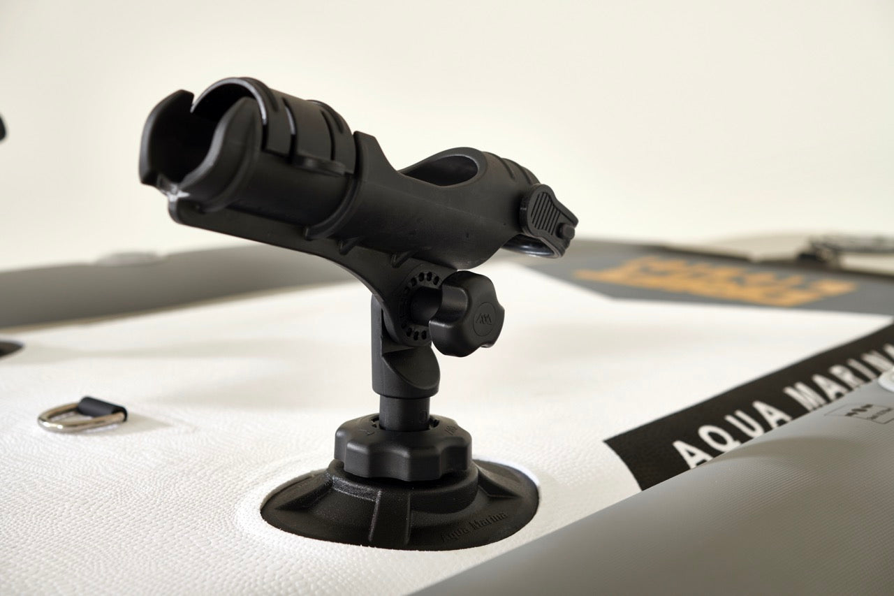 Product photo fishing rod holder attached to Aqua Marina Drift iSUP with rod holder — ships free at e-boarders.com