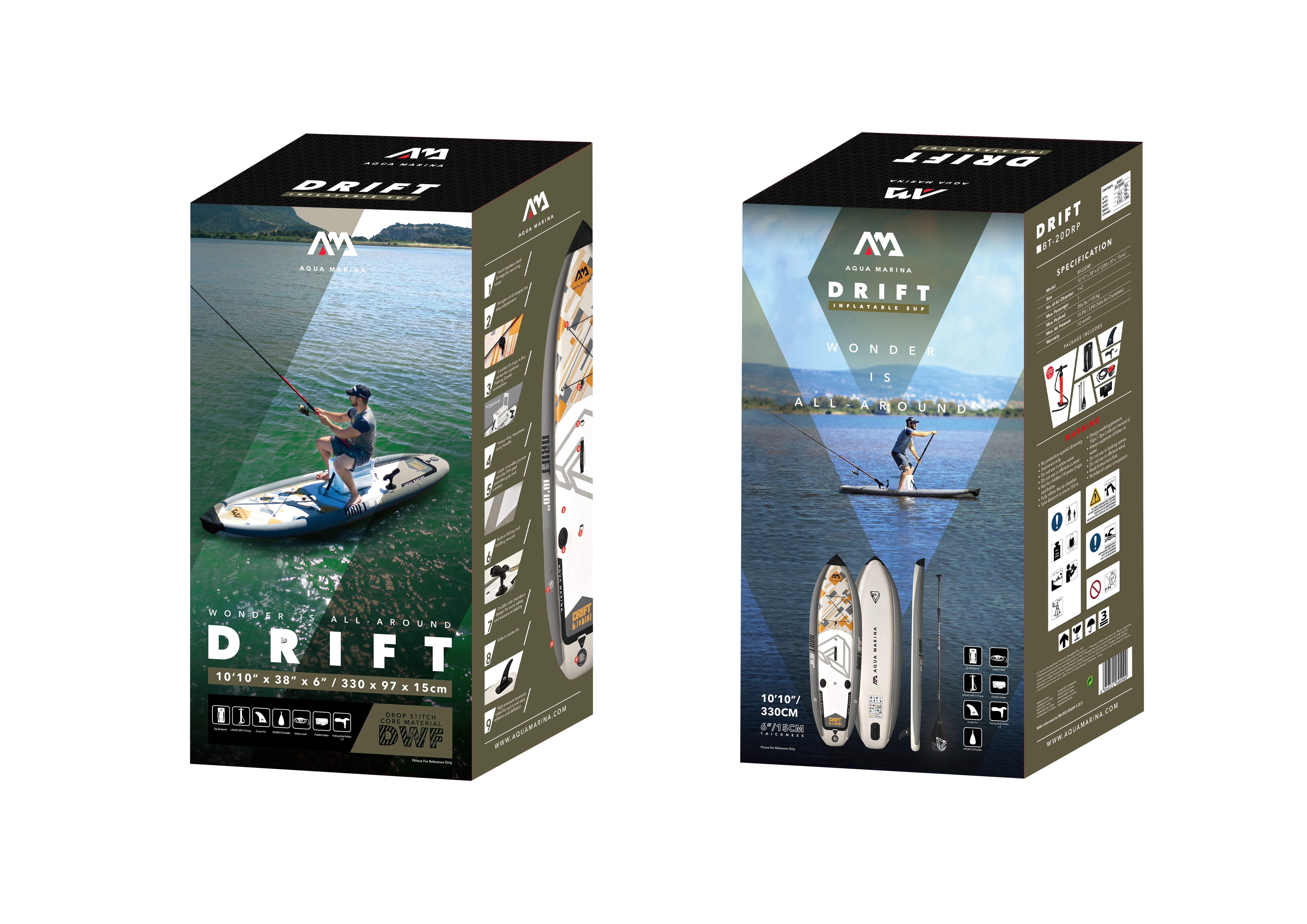 Packaging box for Aqua Marina Drift iSUP with rod holder — ships free at e-boarders.com